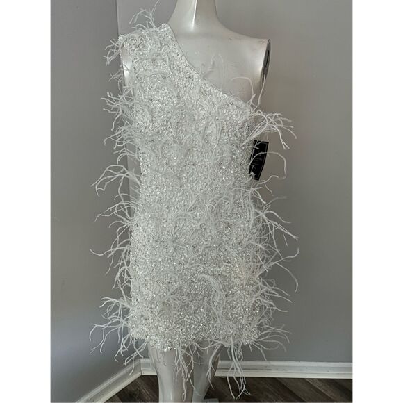 Retrofete One Shoulder Sina Ostrich Feather Bodycon Mini Dress White Small $895 - Picture 13 of 15